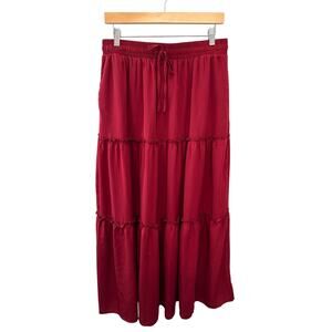Tiered Drawstring Boho Peasant Maxi Skirt Deep Red Burgundy | Large